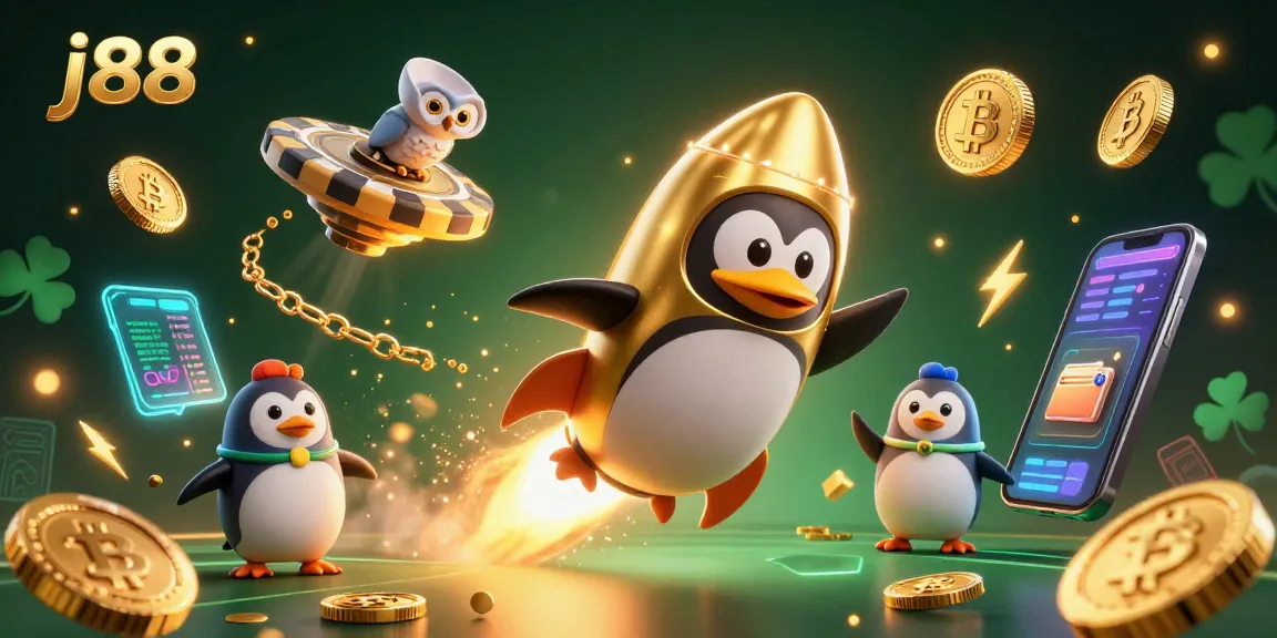 Experience thrilling j88 gameplay as a golden penguin navigates a casino space station amidst shining coins and crypto elements.