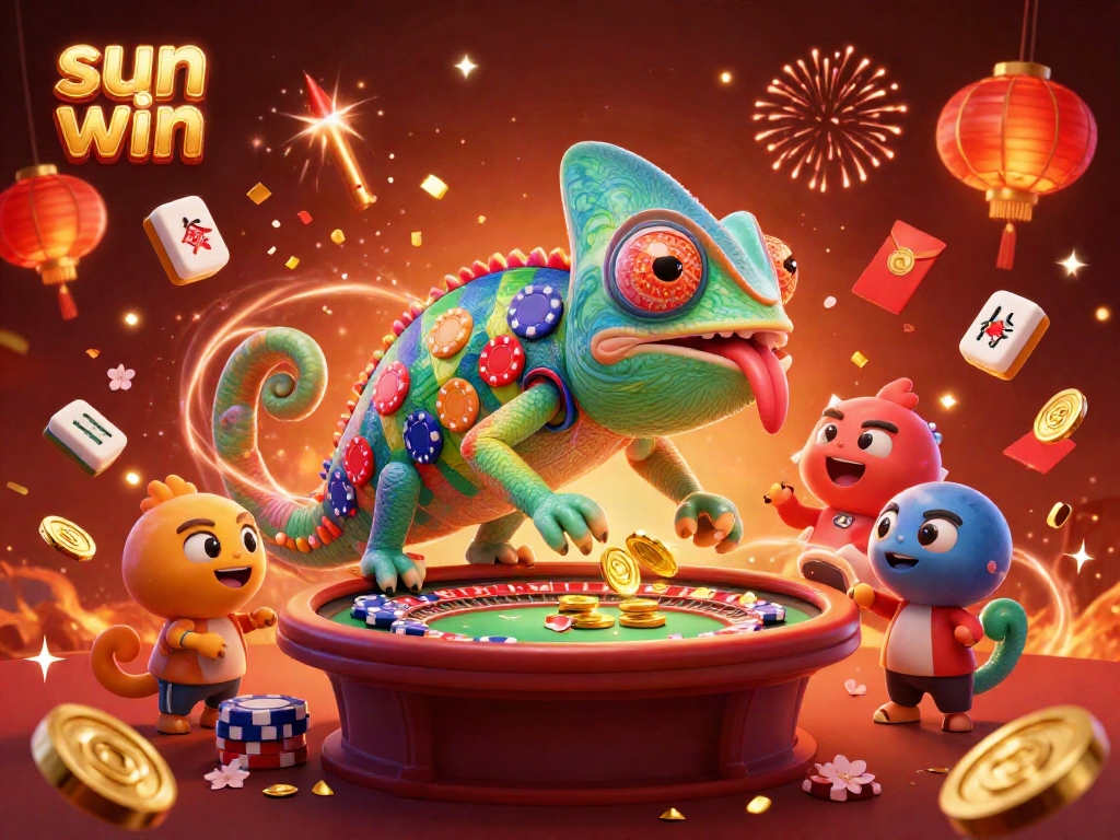 Experience the excitement of the sun win casino with vibrant elements and animated characters celebrating wins.