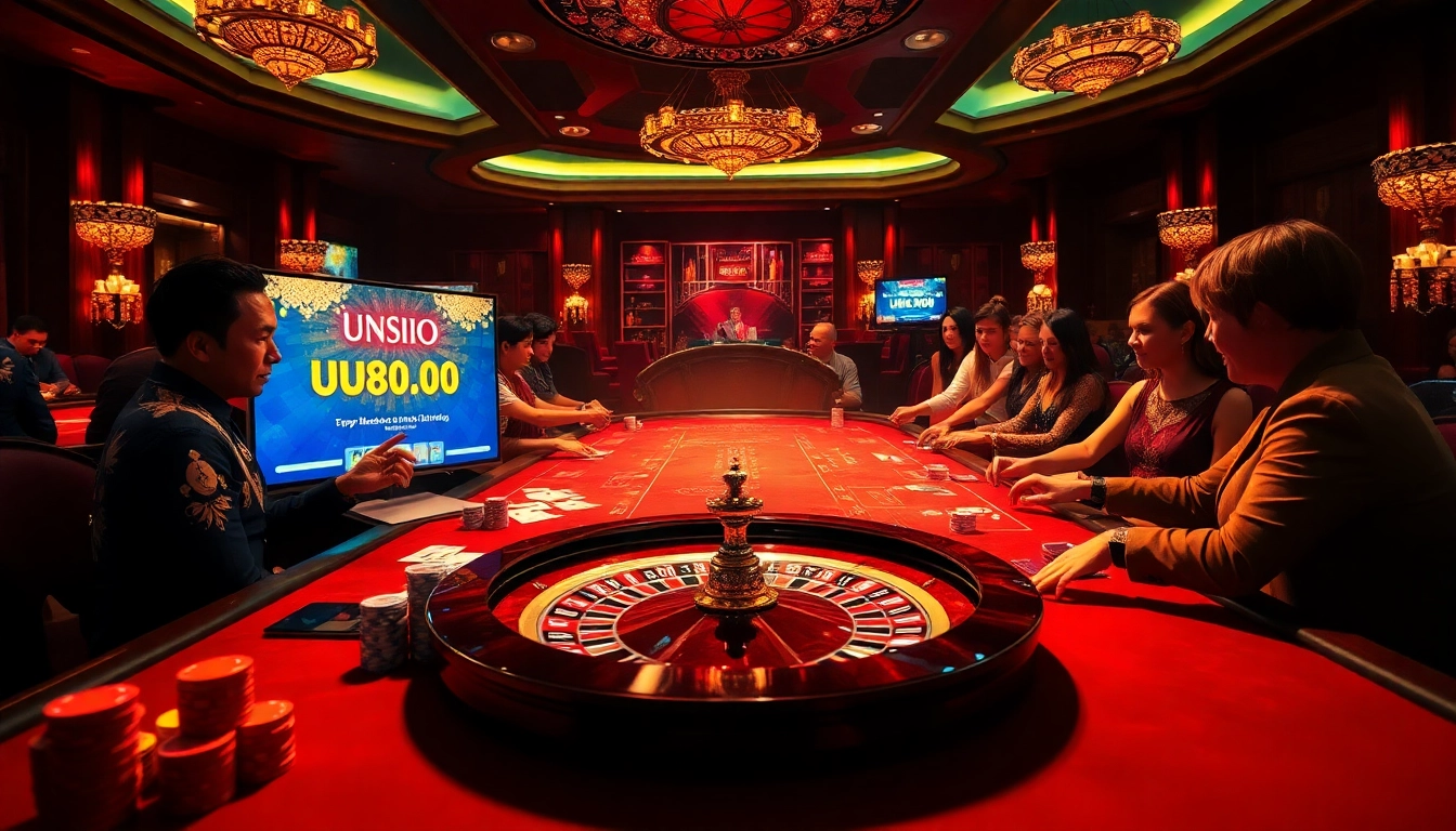 Gamblers enjoying thrilling games at uu88vn.za.com with luxurious casino ambiance.