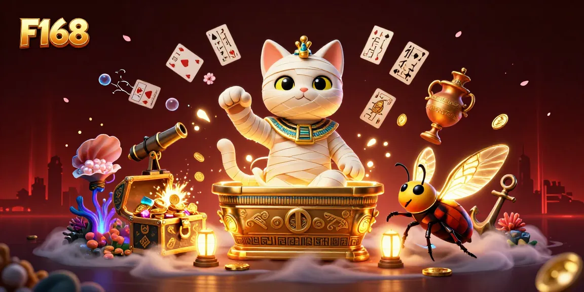 Join the excitement at F168 as the Egyptian mummy cat and scarab beetle embark on a gaming adventure.