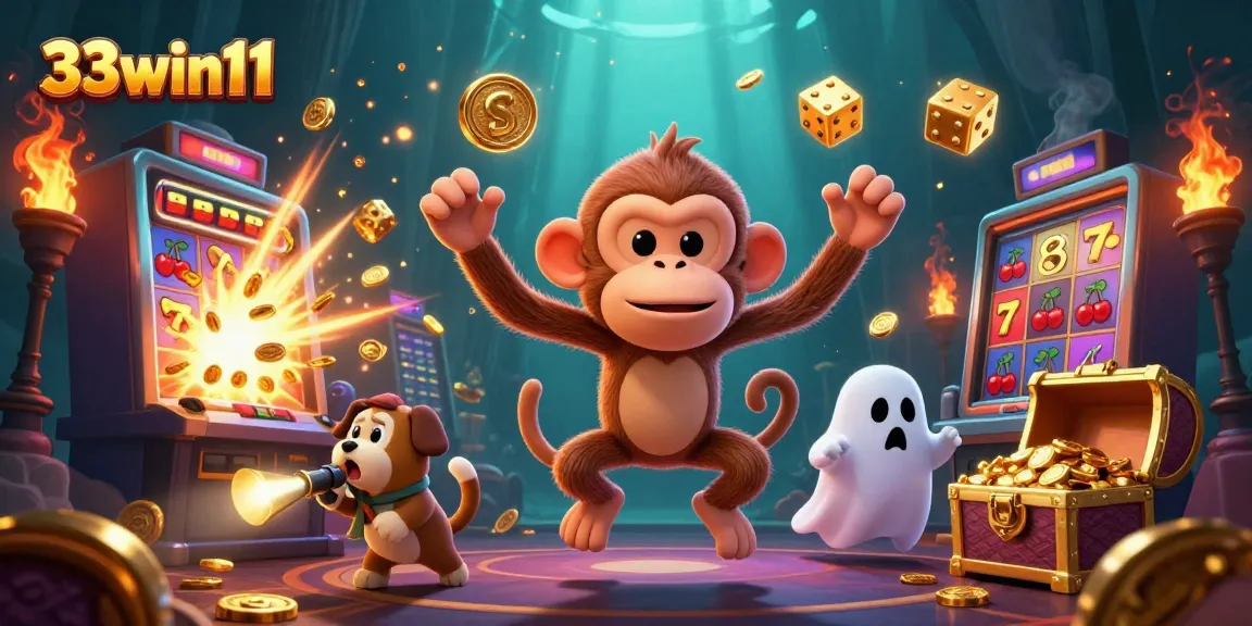 Experience the excitement of 33win11 with a mischievous monkey and a curious puppy in a dynamic casino scene.