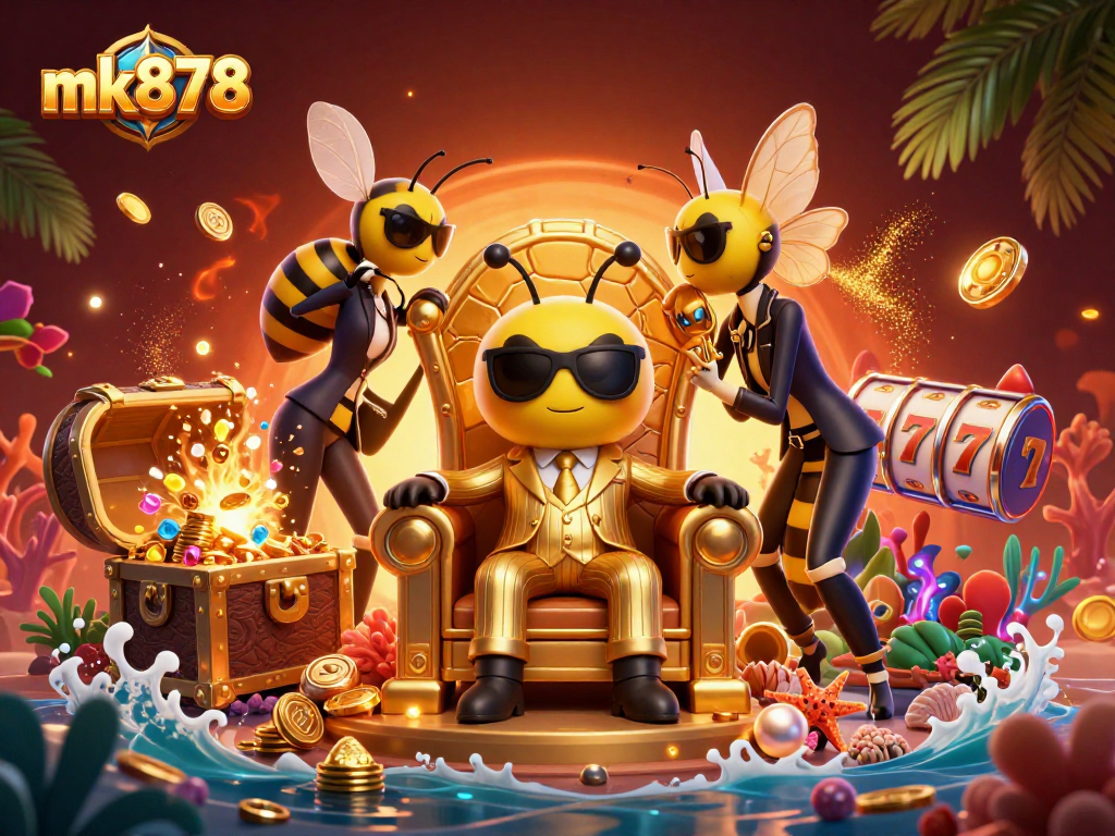 Win big at mk878 with this colorful 3D casino scene featuring charming characters and gaming elements.