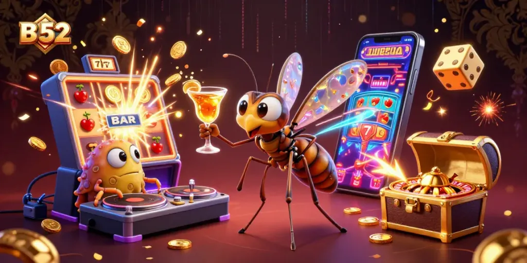 B 52 invites players to spin large jackpots, featuring festive symbols like golden dice and coins in a vibrant casino scene.