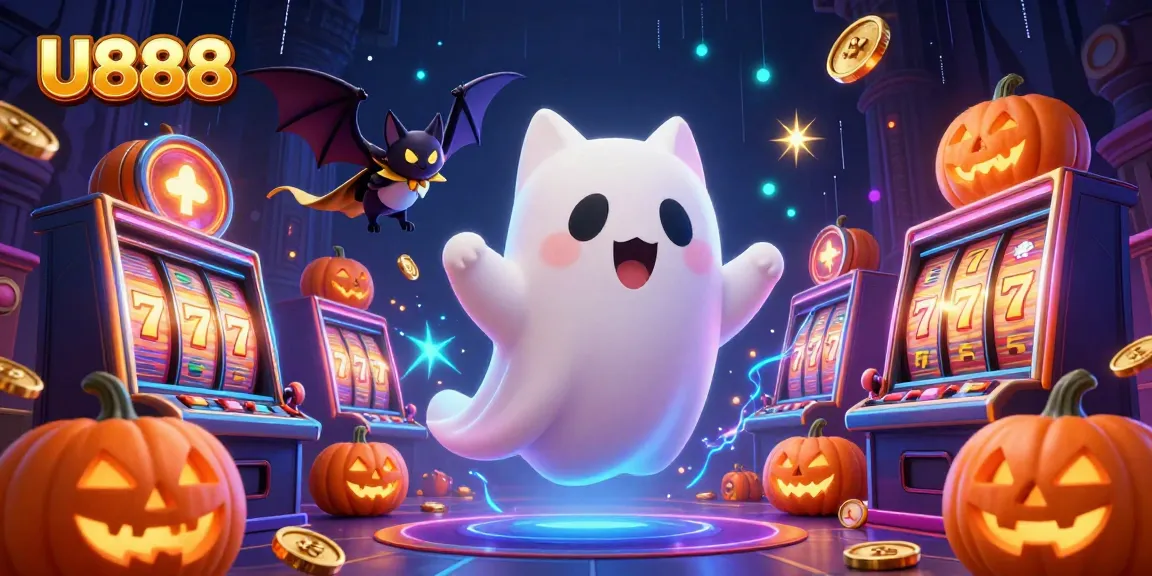 Spin the reels passionately at U888 with a friendly ghost cat and vibrant slot symbols.