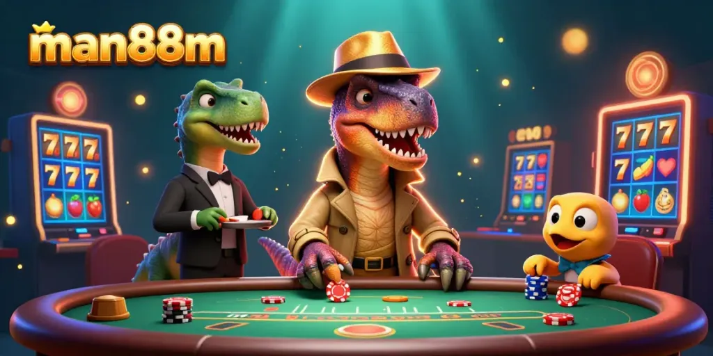 Experience thrilling slots at man88m featuring a velociraptor card counter and friends.