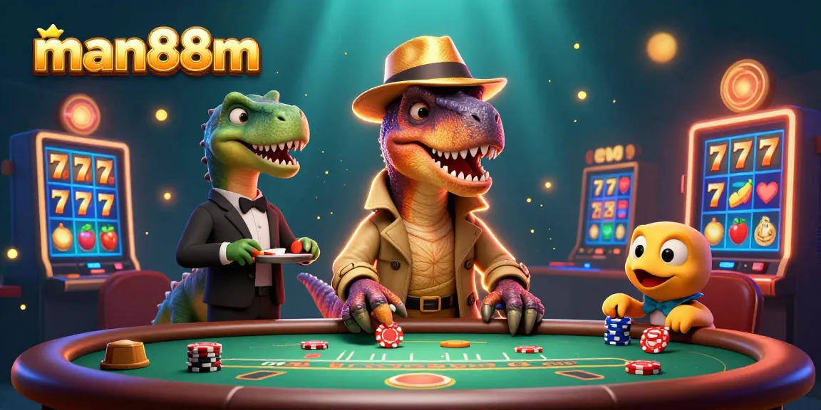 Experience thrilling slots at man88m featuring a velociraptor card counter and friends.