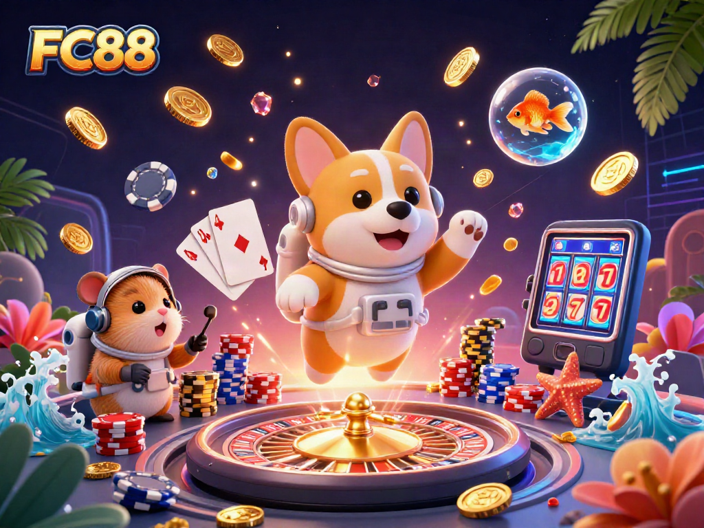 Engage with FC88 casino action featuring a corgi astronaut exploring a vibrant space station.