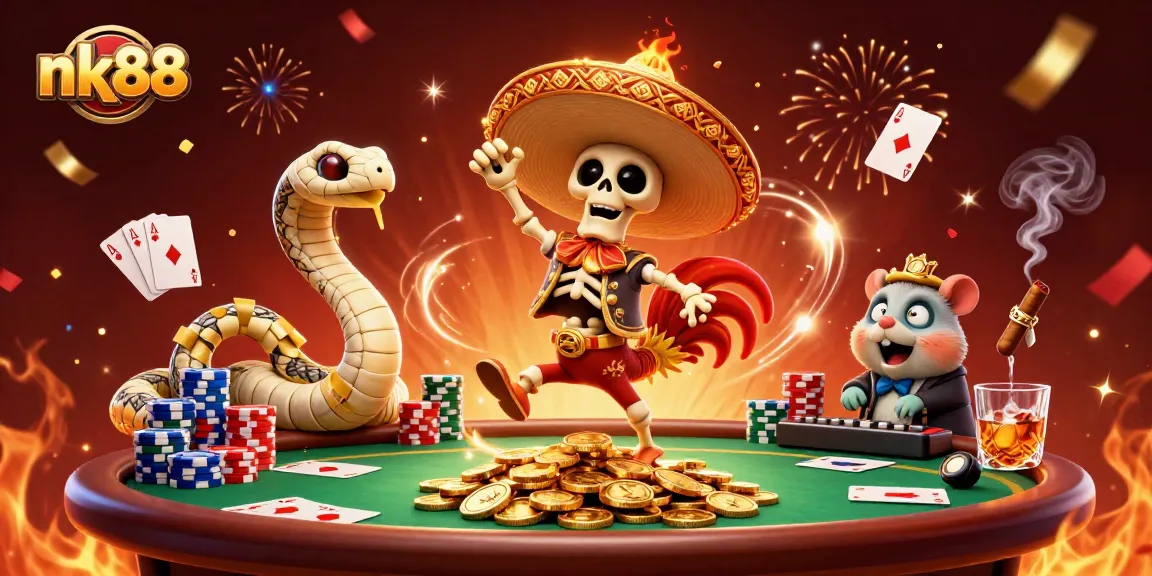Experience the thrill of nk88 casino with vibrant characters dancing amidst golden coins and poker chips.