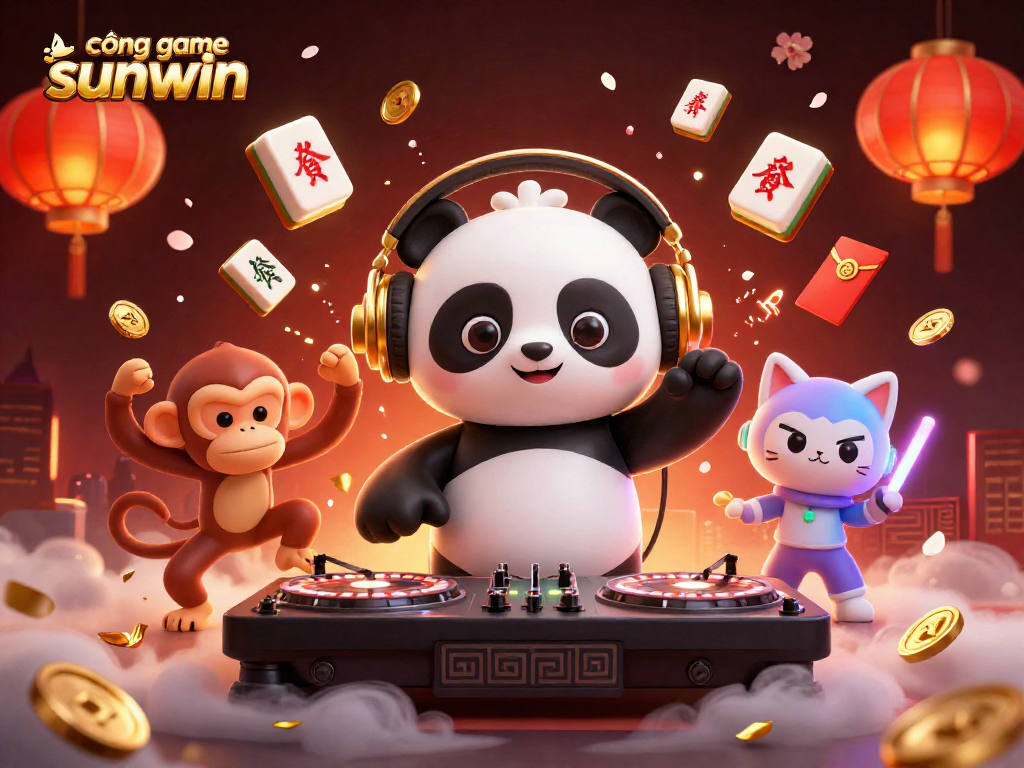 Engage with the vibrant world of cổng game sunwin, featuring a lively 3D scene with characters enjoying casino games.