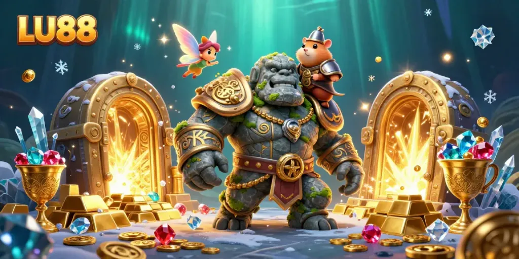 LU88 players discovering magical treasures with a mystical golem guardian in an enchanting casino setting.
