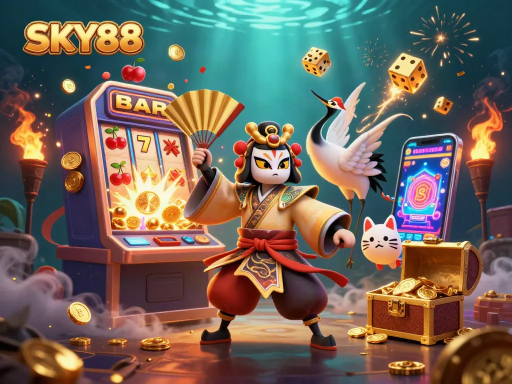 Experience thrilling gaming adventures at SKY88 with vibrant characters amid a jackpot explosion.