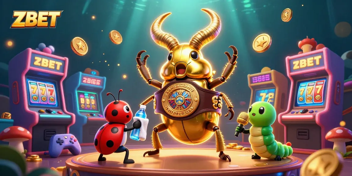 ZBET presents a vibrant scene of a giant beetle and friends amid colorful casino elements, showcasing thrilling gameplay.