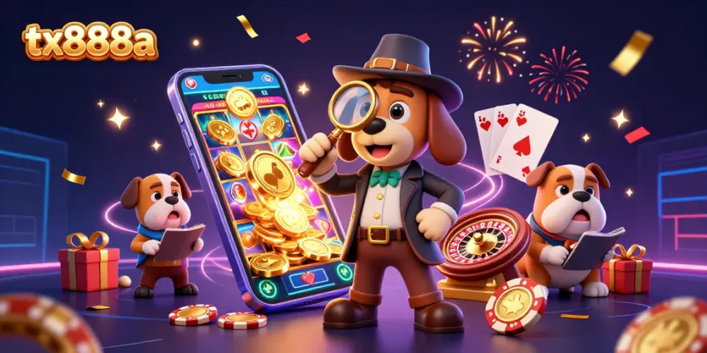 Join the fun with tx888a as a detective uncovers casino treasures amid confetti and excitement.
