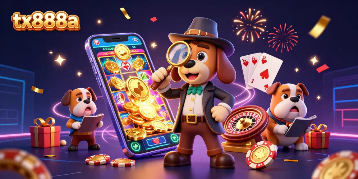 Join the fun with tx888a as a detective uncovers casino treasures amid confetti and excitement.