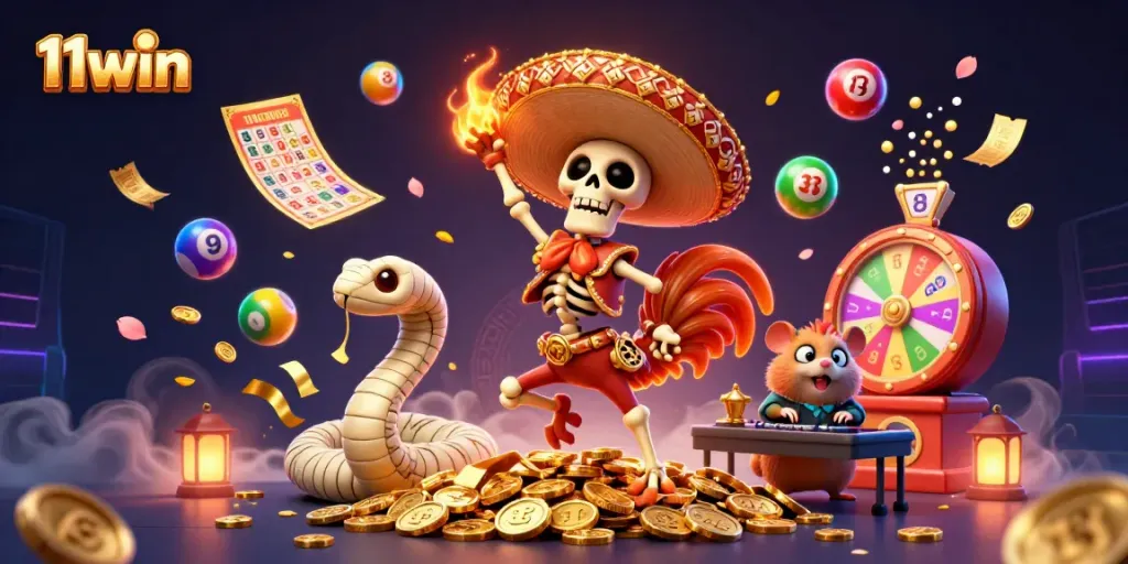 Experience thrilling moments with 11win as a joyful mariachi rooster celebrates on a pile of golden coins.