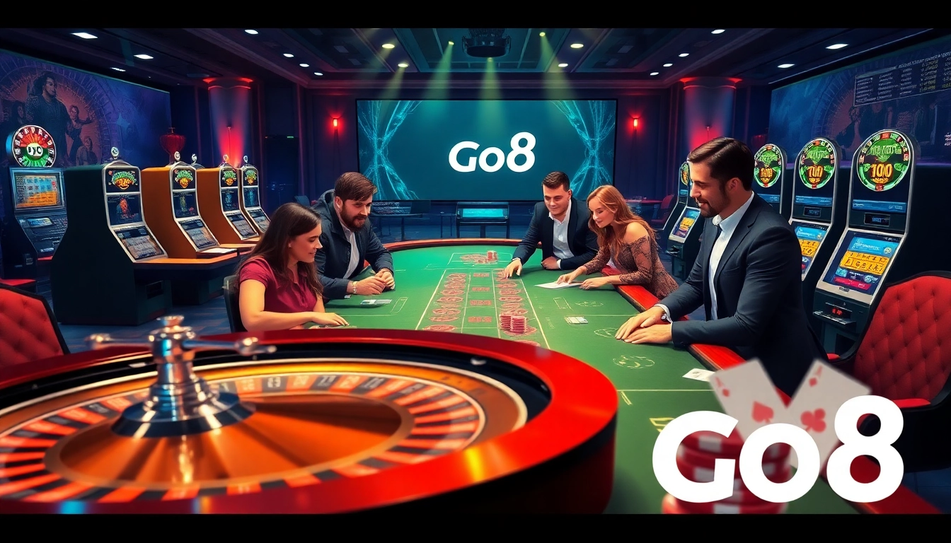 Experience the thrill of gambling at go8 with vibrant casino tables, roulette wheels, and engaging players.