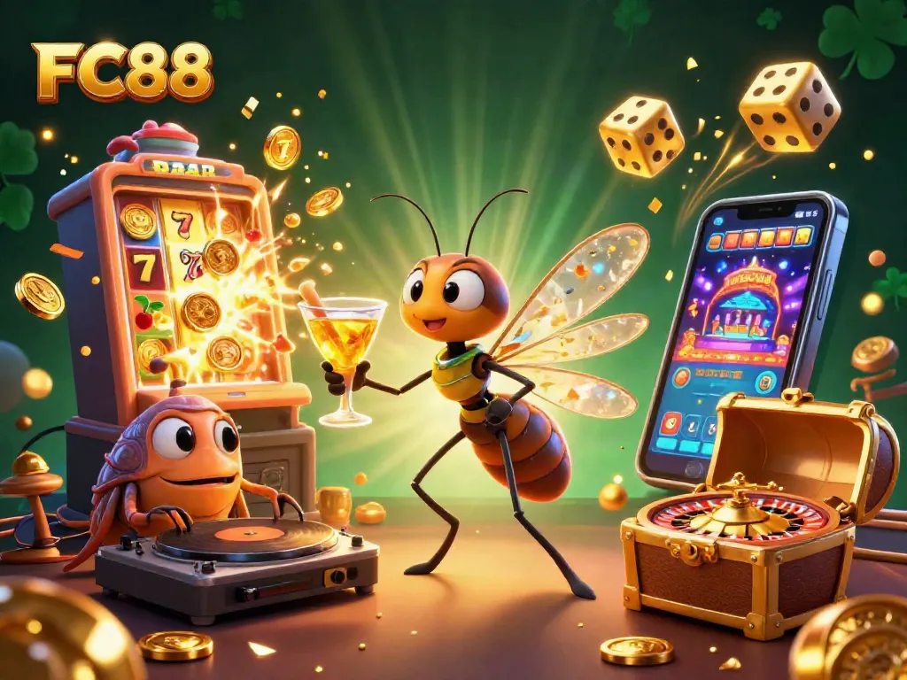 Experience FC88's dynamic casino world with playful characters and vibrant game elements.