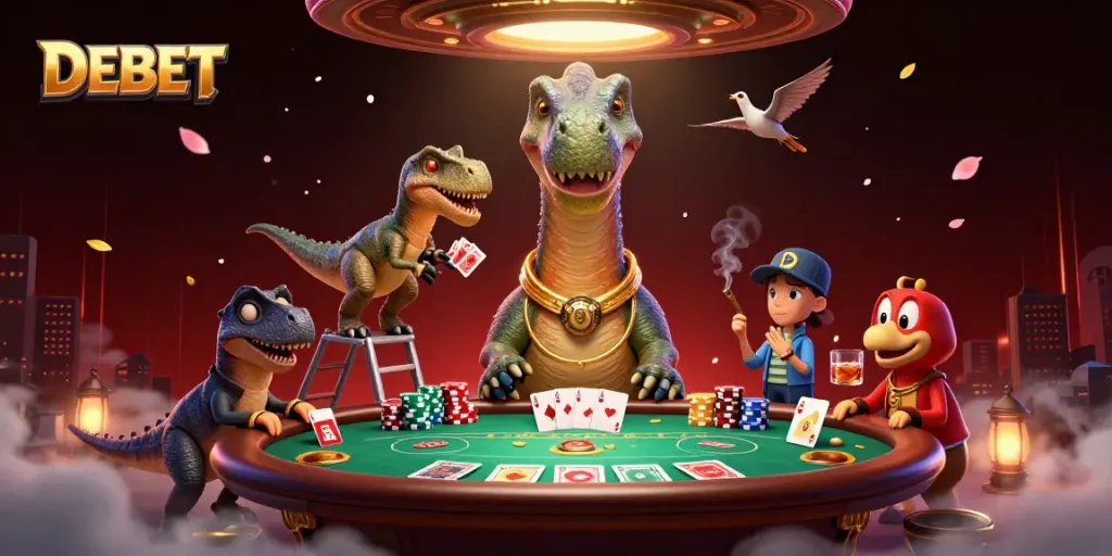 Experience the thrill of DEBET in a captivating casino scene with dynamic characters.