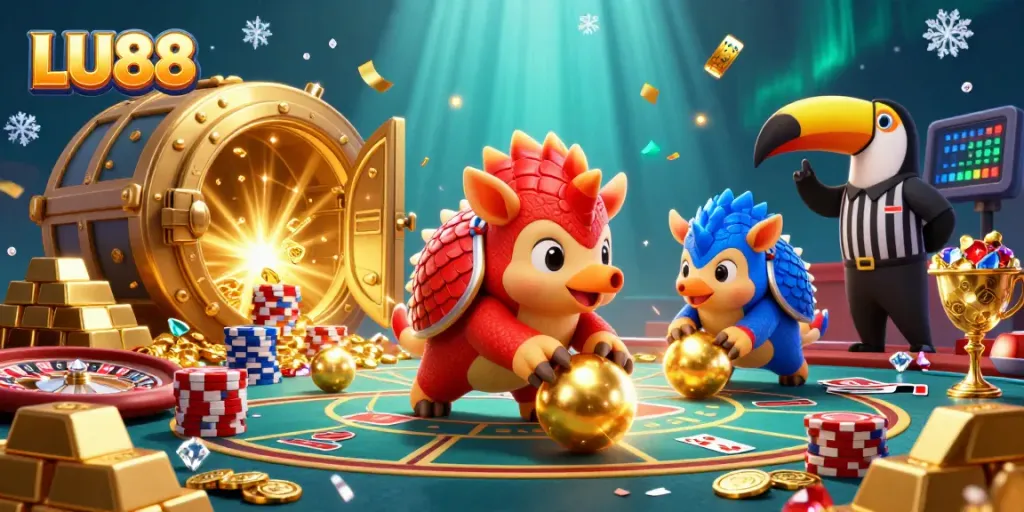 Experience LU88's vibrant casino action with rival pangolins rolling through poker chips amid golden treasures.