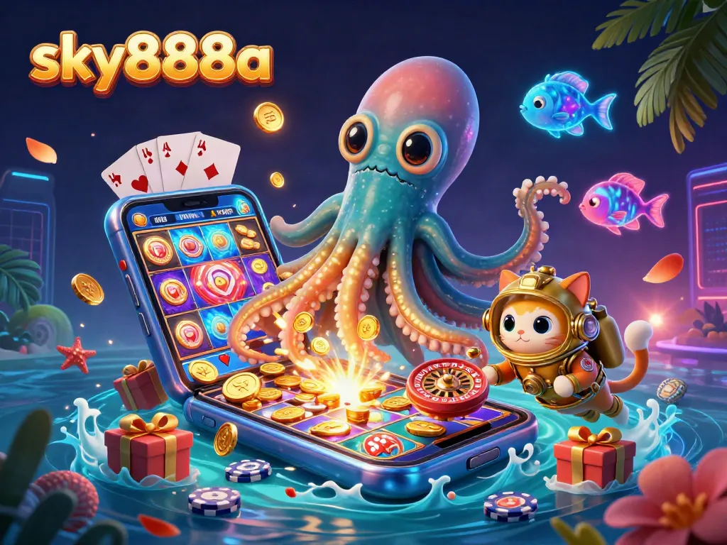 Engage with exciting slots and jackpots at sky888a, featuring a colorful 3D treasure scene.