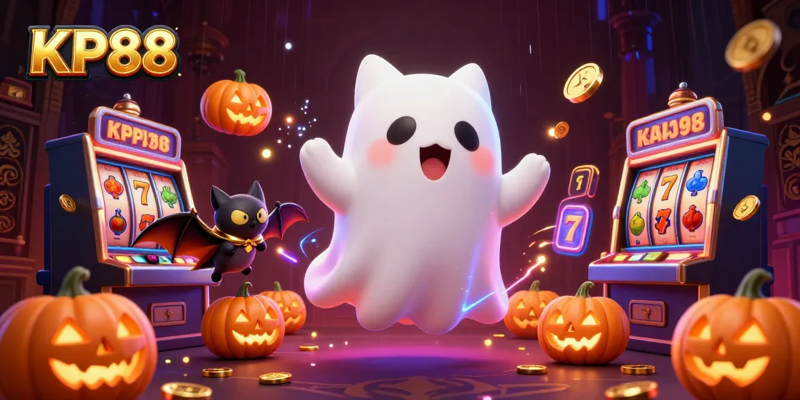 Engage with thrilling slots at KP88, featuring dynamic ghost cat amidst glowing casino elements.