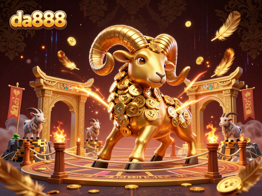 da888 showcases an epic 3D scene with a golden ram and casino elements, celebrating the thrill of gaming.