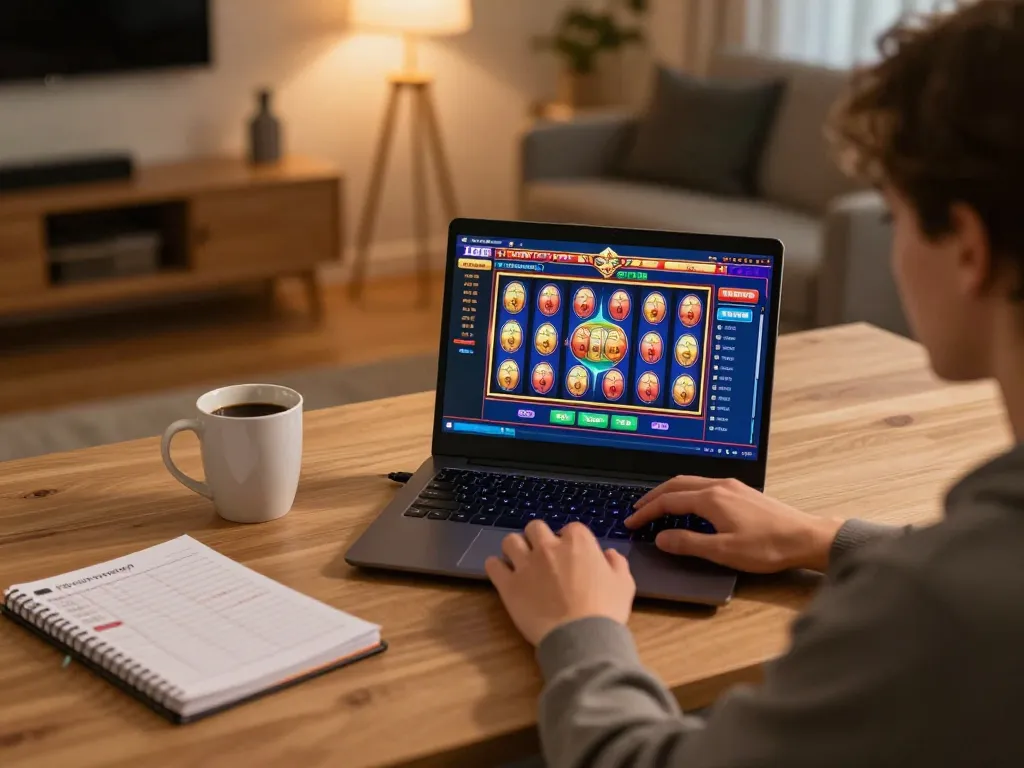 Link vào 9bet for thrilling online slot gameplay, showcasing a cozy home gaming setup.