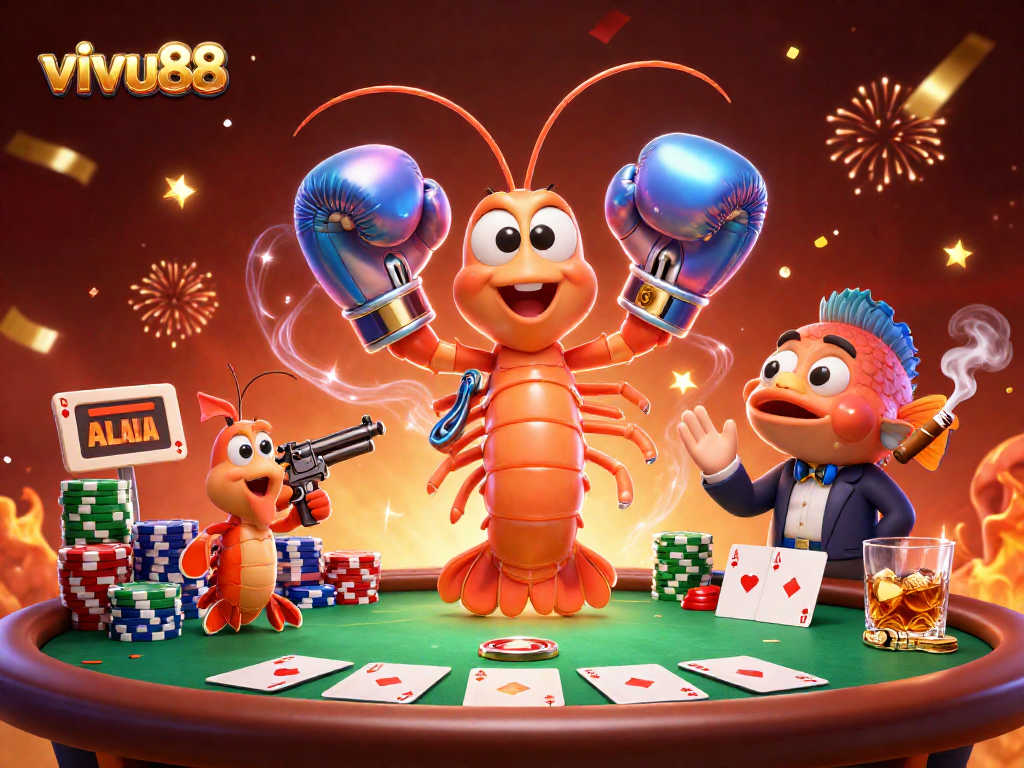 Play with excitement at Vivu88 featuring poker chips and cartoon marine life in a vibrant casino illustration.