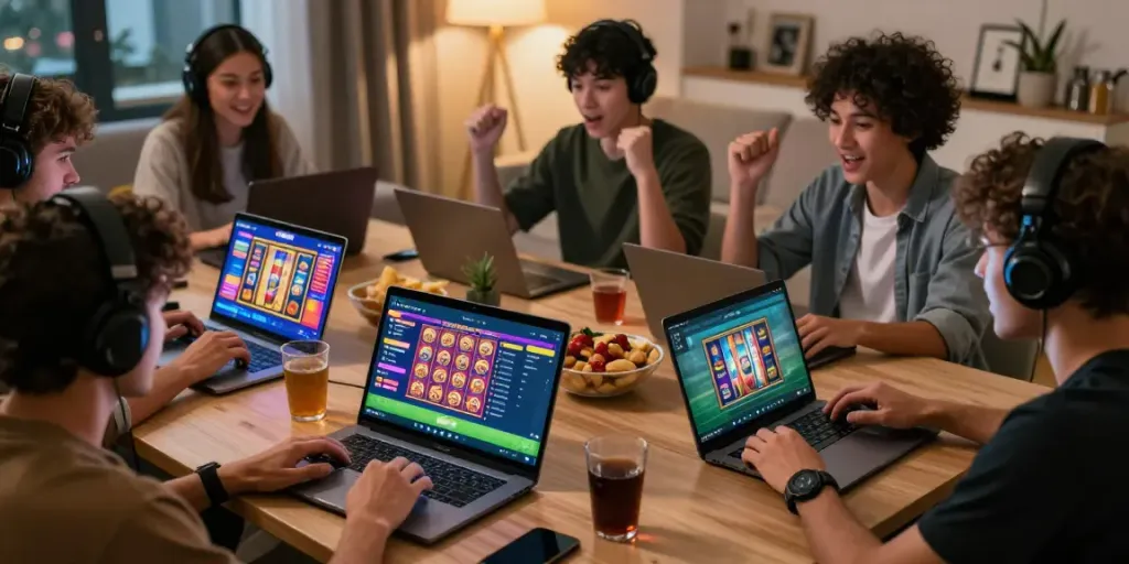 Five88 online gaming enthusiasts enjoying a lively gaming session at home with vibrant screens and engaging atmosphere.