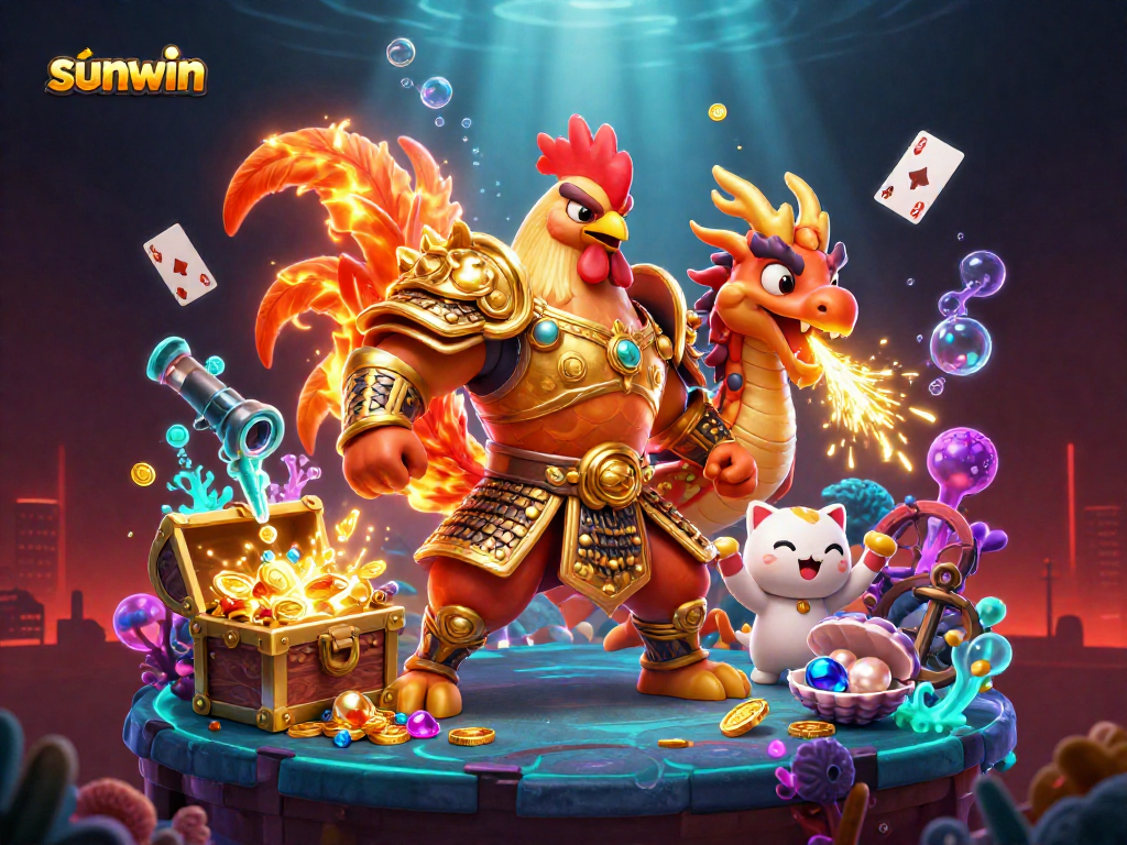 Engage with thrilling sunwin action in a dynamic 3D illustration featuring courageous characters and golden treasures.