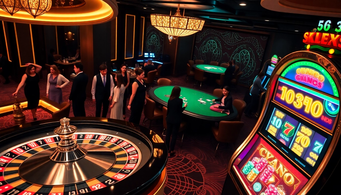Engaged players enjoying high-stakes gaming at https://ku88m.com/ casino with roulette wheel and poker tables.