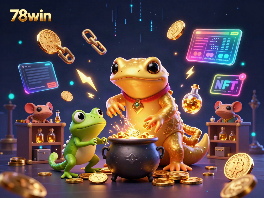 Play exciting games at 78win, featuring unique characters transforming metals into gold coins and vibrant crypto elements.