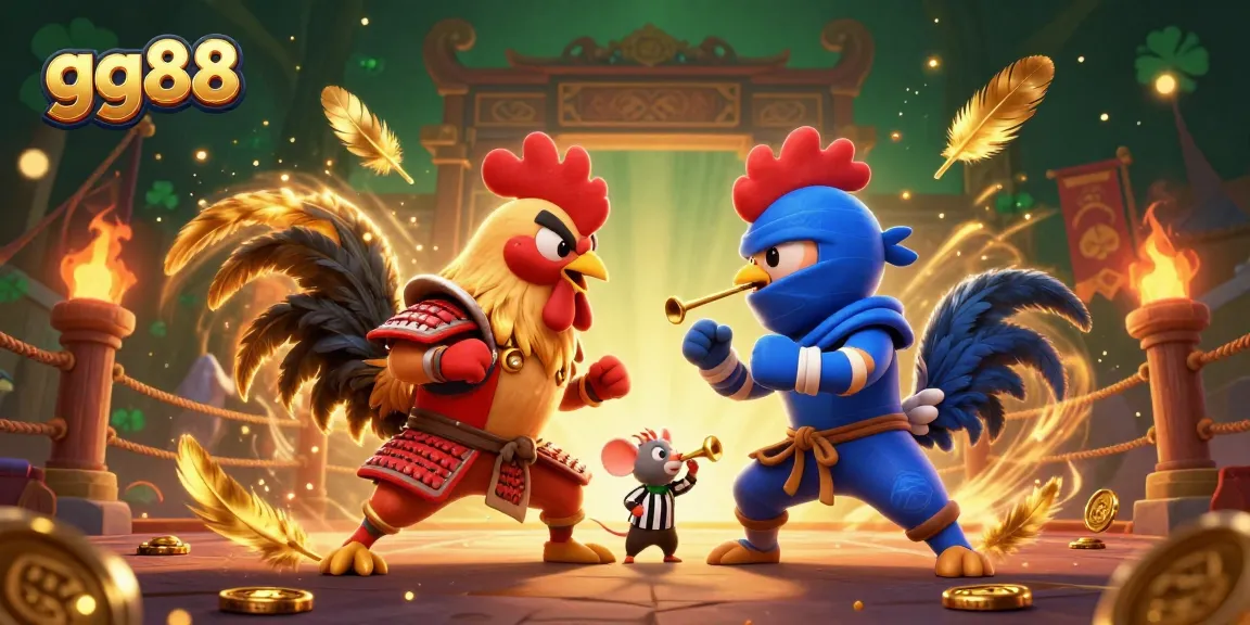 gg88's fighting roosters duel amidst golden feathers in a vibrant casino arena.