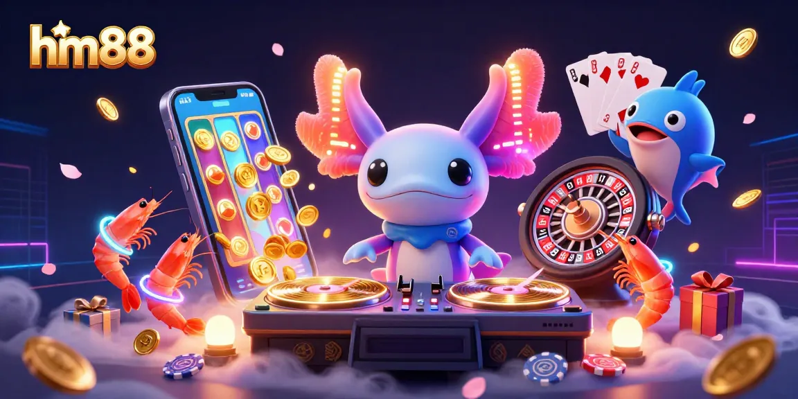 Experience dynamic gameplay at hm88 with a neon axolotl DJ and vibrant underwater casino elements.