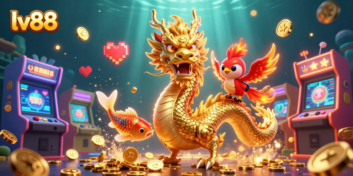 Experience gaming excitement with lv88's captivating illustration of a golden dragon and phoenix.