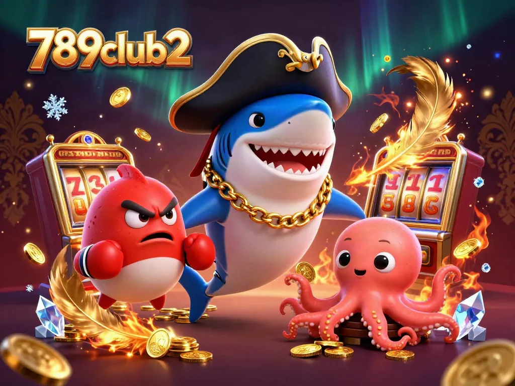 Spin the reels at 789club2 with a playful shark and friends amidst a festive casino backdrop!