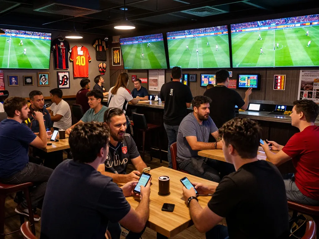 Tỷ lệ kèo nhà cái 5 visualizes bettors engaged in active sports betting with live matches, creating an electrifying atmosphere.