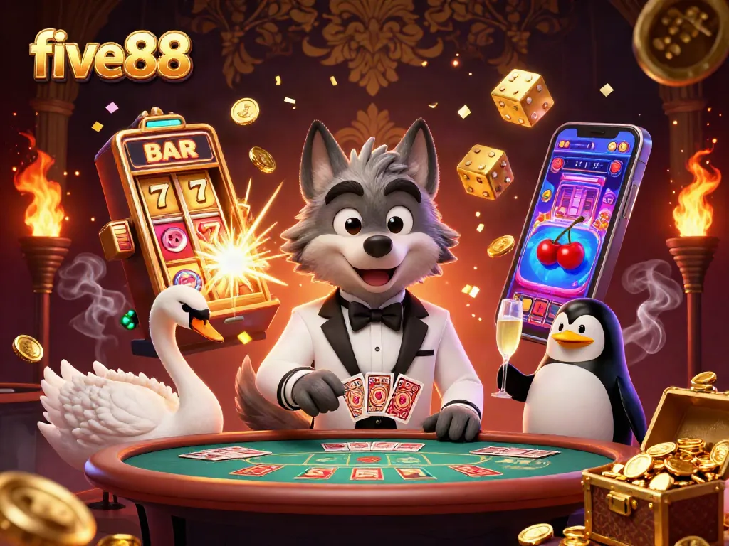 Engage in thrilling moments with five88 as a wolf, swan, and penguin enjoy casino games.