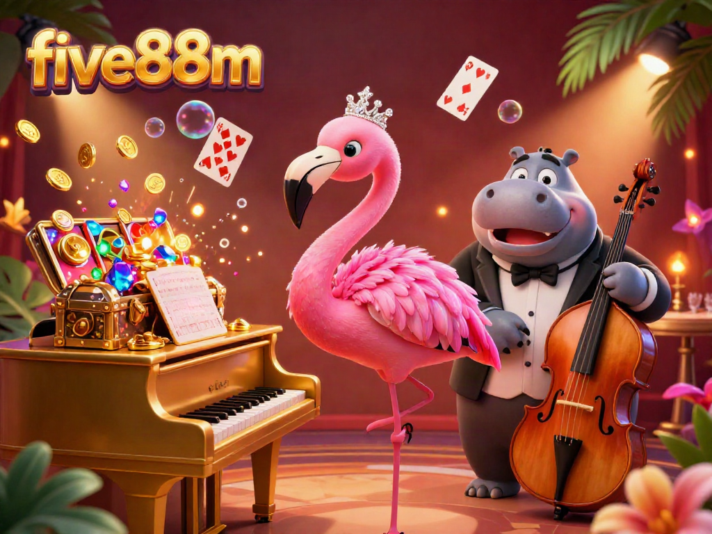 Experience the excitement of five88m with a vibrant casino scene featuring a flamingo singer, hippo bassist, and dynamic slot reels.