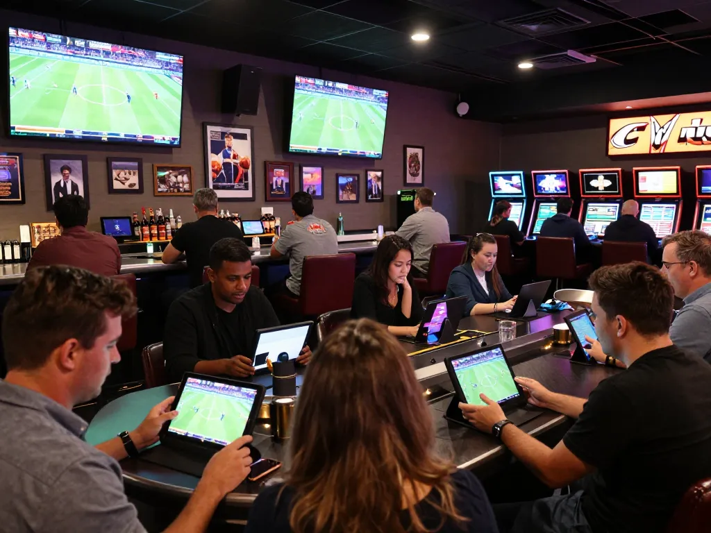 w 88 players engaging in sports betting at an upscale lounge, analyzing odds and enjoying live matches.