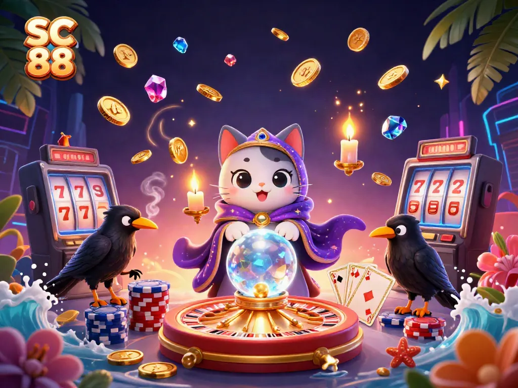 Engage with SC 88's vibrant casino scene featuring a mystic cat and a glowing-eyed raven amidst roulette wheels and flying coins.