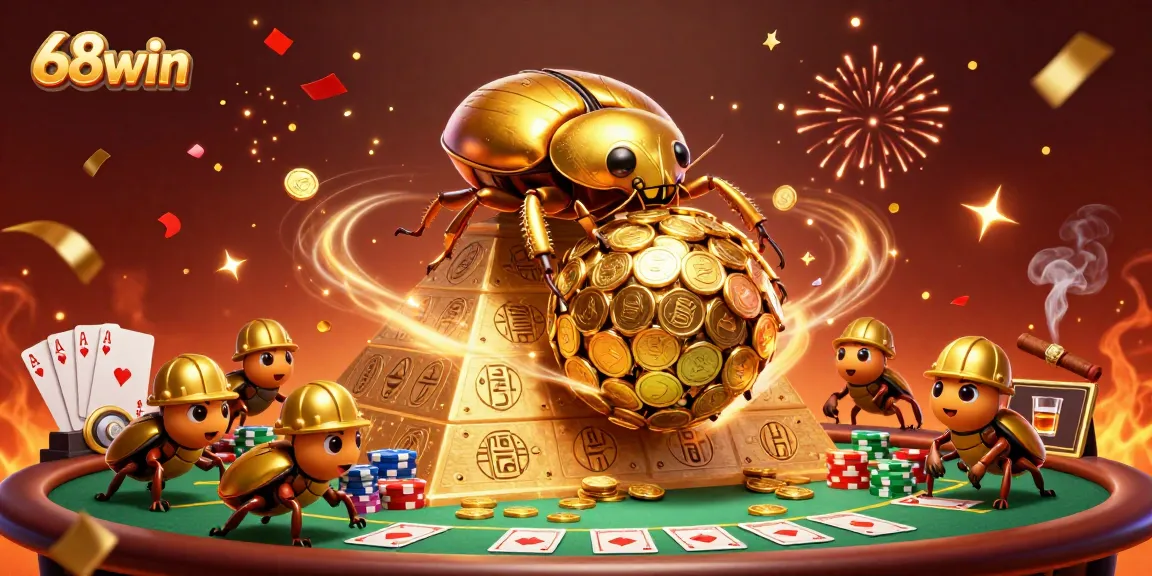 Experience thrilling gameplay with 68win's vibrant casino atmosphere featuring golden beetles and poker elements