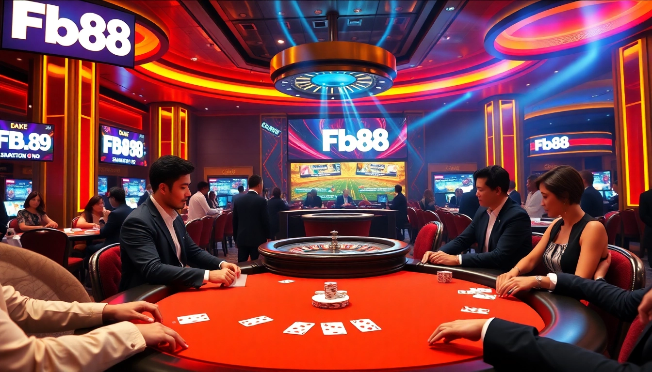 Experience high-stakes gambling action at FB88 casino with luxurious poker and roulette tables.