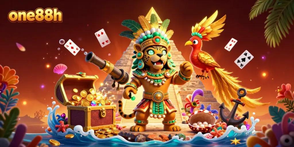 Experience the vibrant world of one88h with a Mayan jaguar priest and casino game elements.