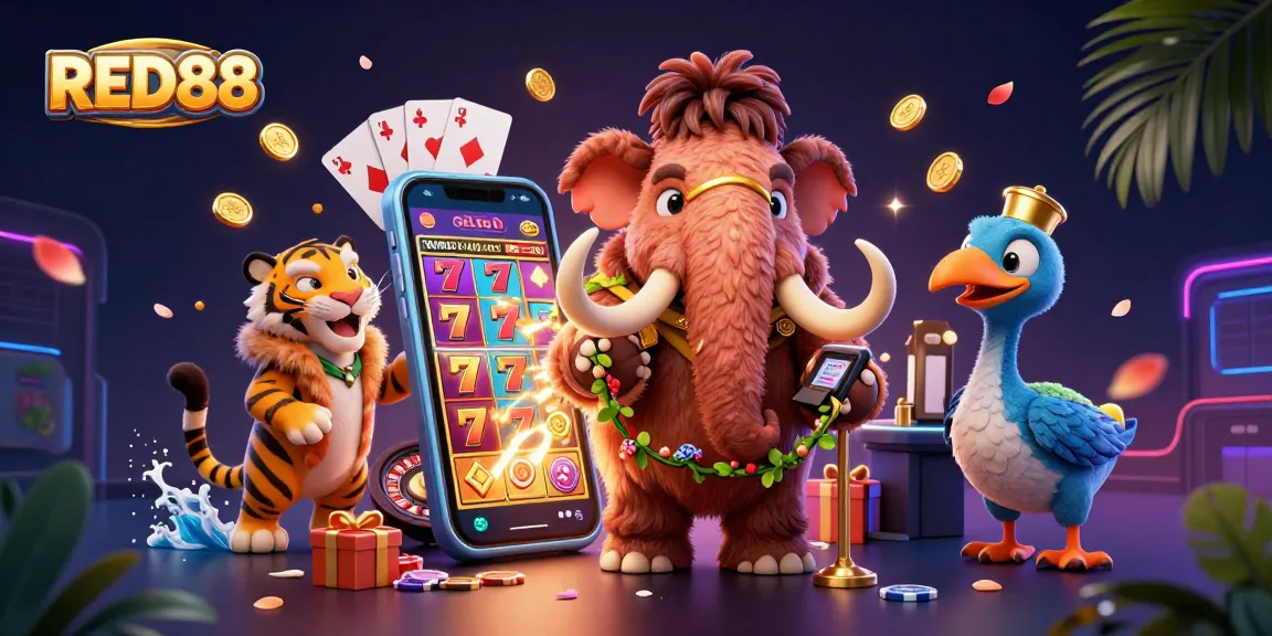 Immerse in the RED88 casino vibes with a woolly mammoth bouncer and vibrant slot games.