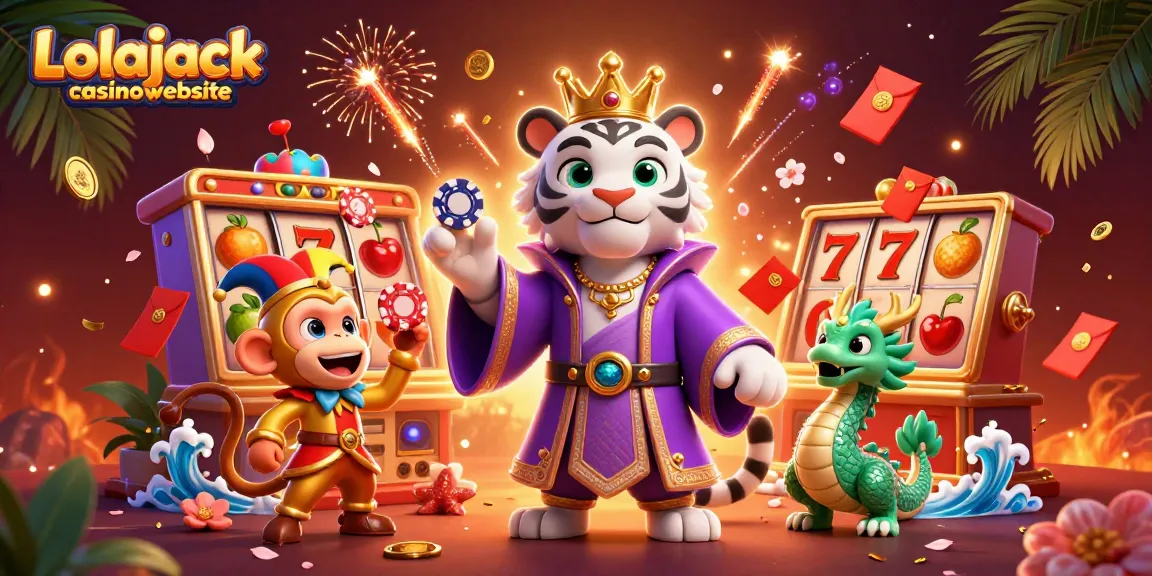 Engage with the vibrant Lolajack casinowebsite through this lively scene featuring a tiger and monkey in casino action.