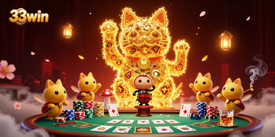 Experience the excitement of 33win with a vibrant illustration of a lucky cat and poker elements.
