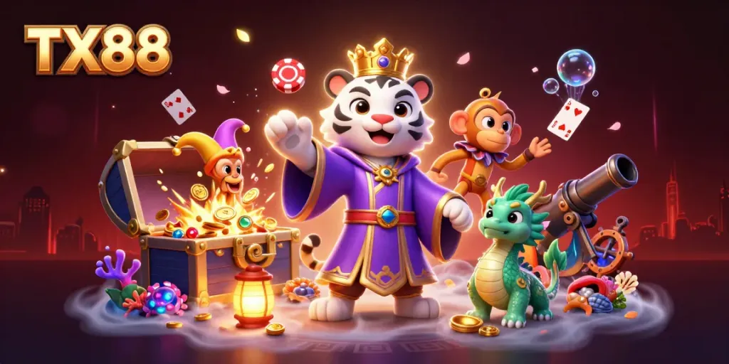 Experience the excitement of TX88 with a vibrant casino scene featuring engaging characters and rich game elements.