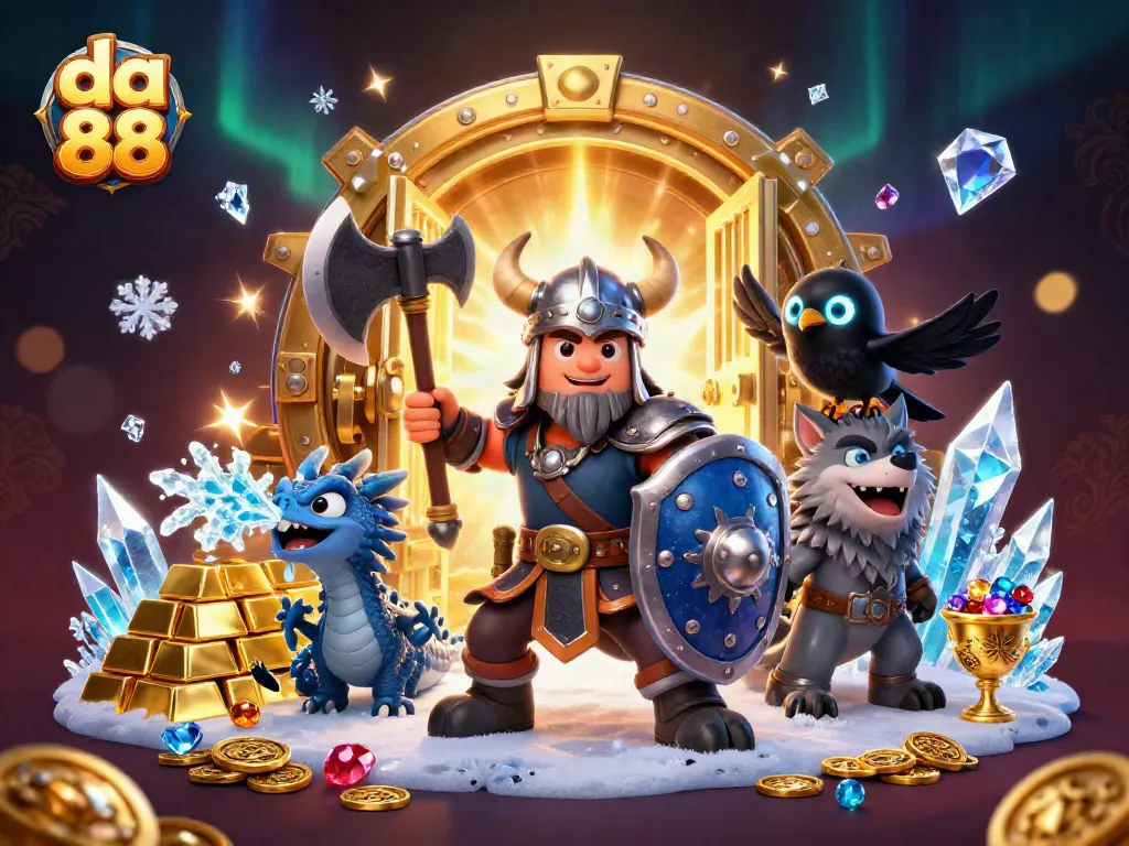 Join the excitement at da 88 with an epic scene showcasing a Viking wolf warrior and a fierce dragon amidst sparkling treasures.