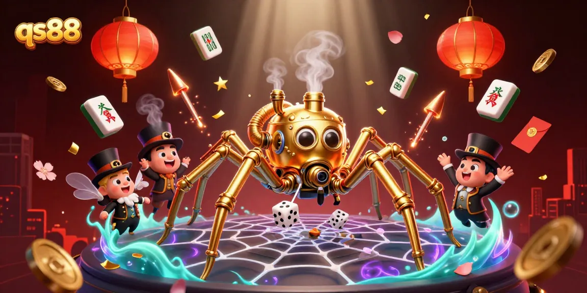 Spin and win at qs88 with a golden spider crafting a web of luck in this vibrant casino scene.